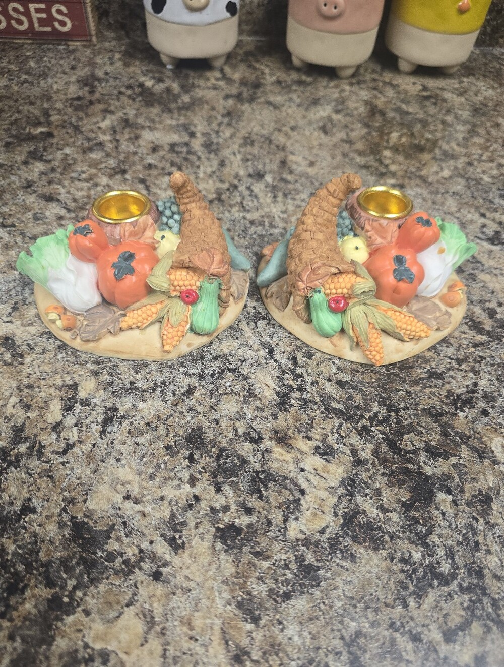 Harvest Cornucopia Candle Holders - Pair in Orange and Green